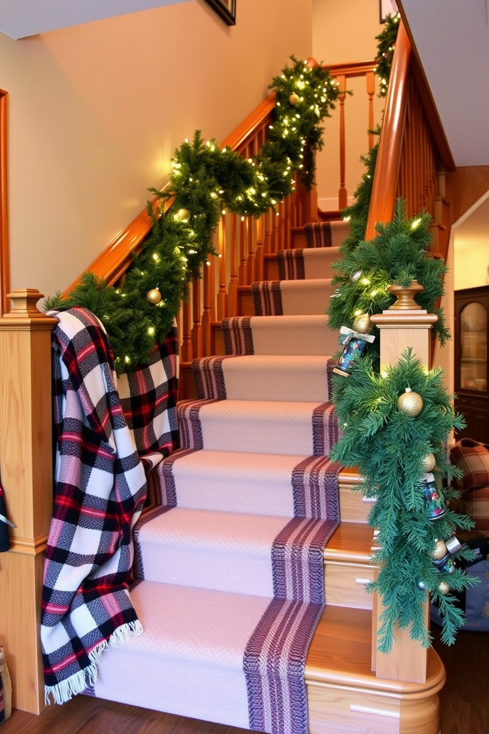 Cozy plaid blankets draped along the wooden staircase create a warm and inviting atmosphere. The staircase is adorned with festive decorations, including twinkling lights and evergreen garlands, enhancing the holiday spirit.