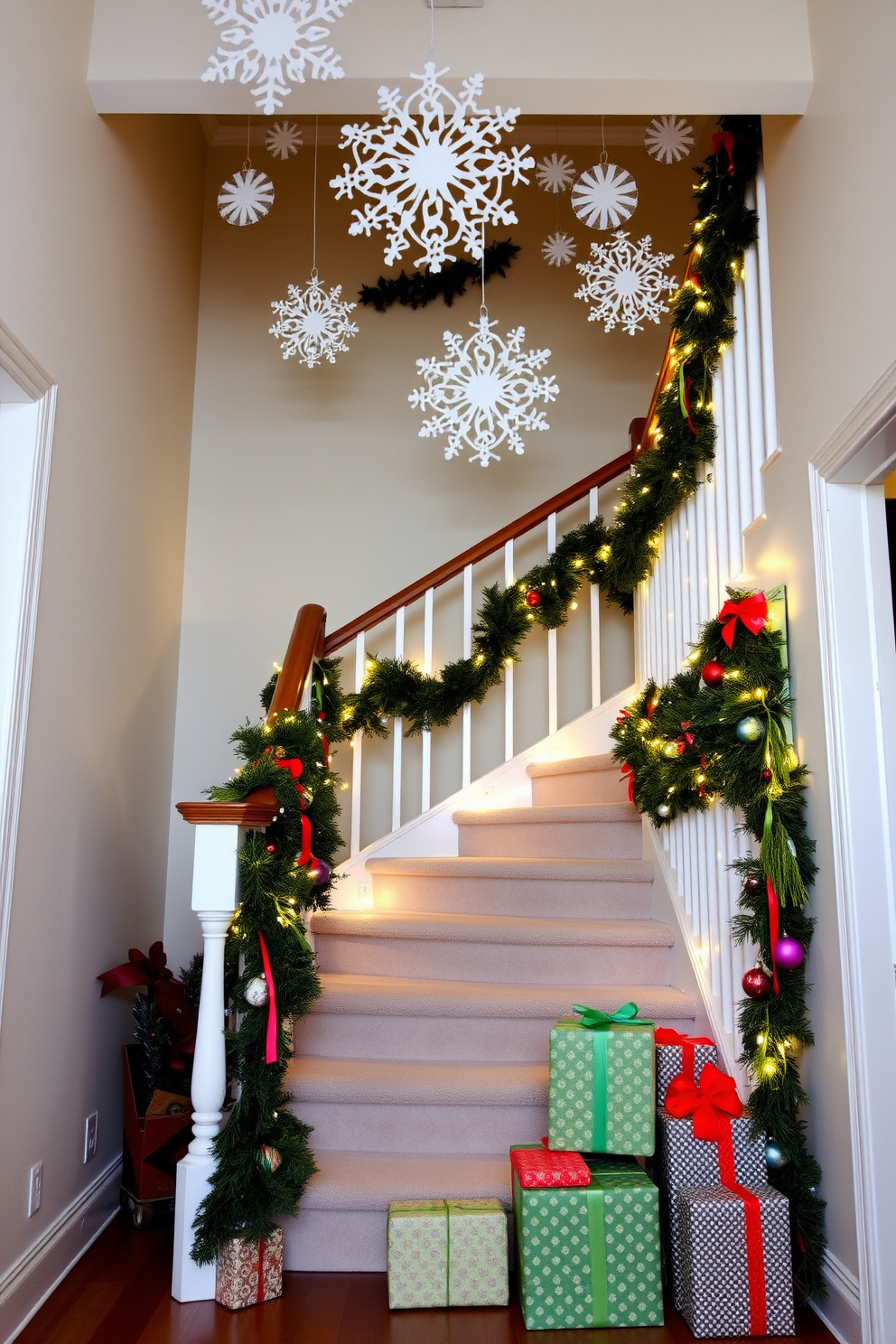 A cozy staircase adorned with paper snowflakes hanging from the ceiling creates a festive atmosphere. The staircase is lined with garlands of evergreen and twinkling fairy lights for a warm holiday touch. Brightly colored ornaments and ribbons accentuate the banister, enhancing the cheerful decor. A collection of wrapped gifts in various sizes is strategically placed at the base of the staircase, inviting holiday joy.