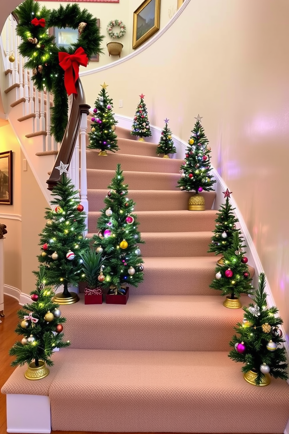 A charming staircase adorned with miniature Christmas trees placed on each step. The trees are decorated with twinkling lights and colorful ornaments, creating a festive ambiance throughout the home.