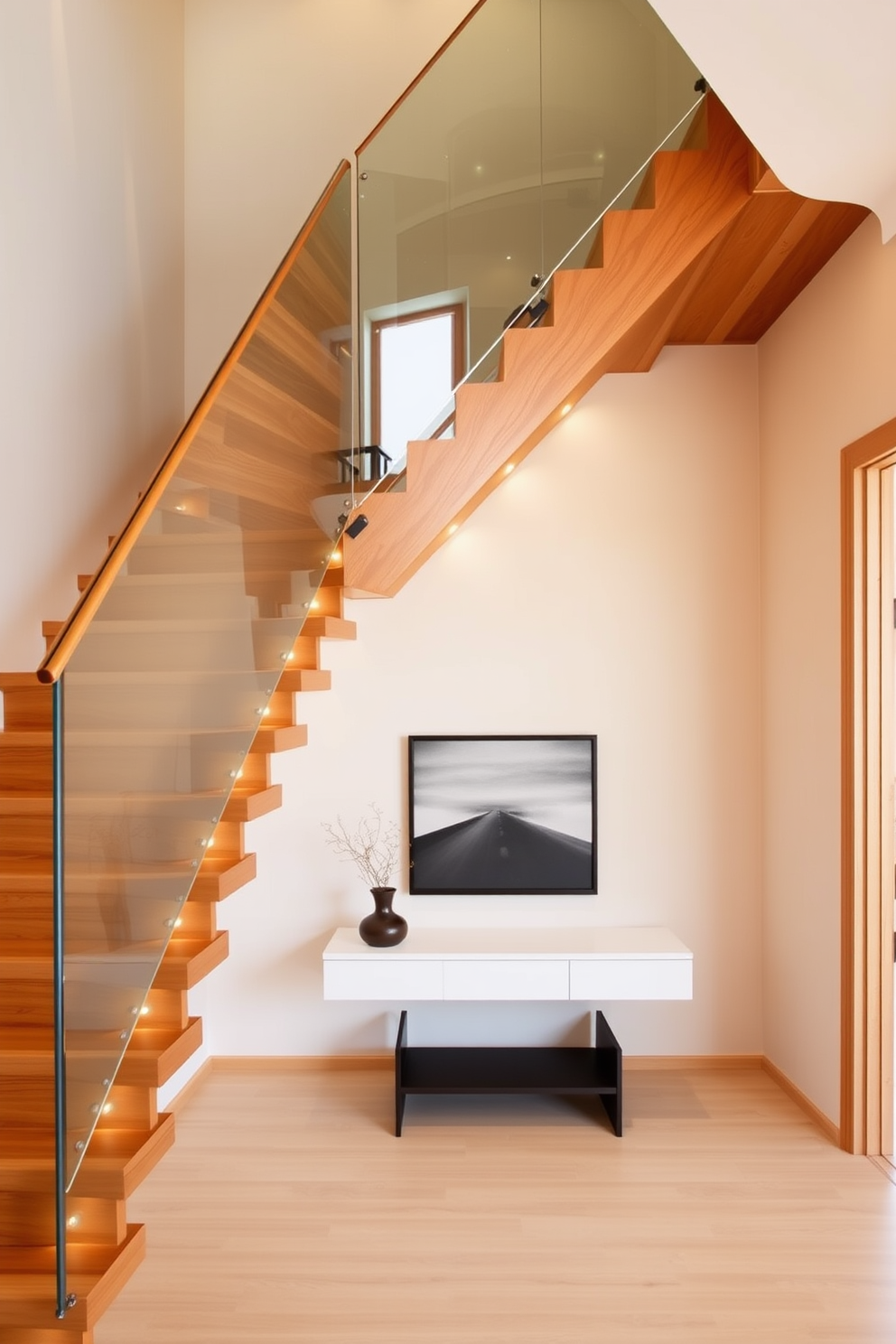 A stunning floating wooden staircase with a sleek glass railing elegantly connects the two levels of the home. The warm tones of the wooden steps contrast beautifully with the transparency of the glass, creating an airy and modern aesthetic. The staircase is illuminated by strategically placed recessed lighting that highlights the craftsmanship of the wood. Below the staircase, a minimalist console table adds functionality and style, complemented by a piece of contemporary artwork on the wall.