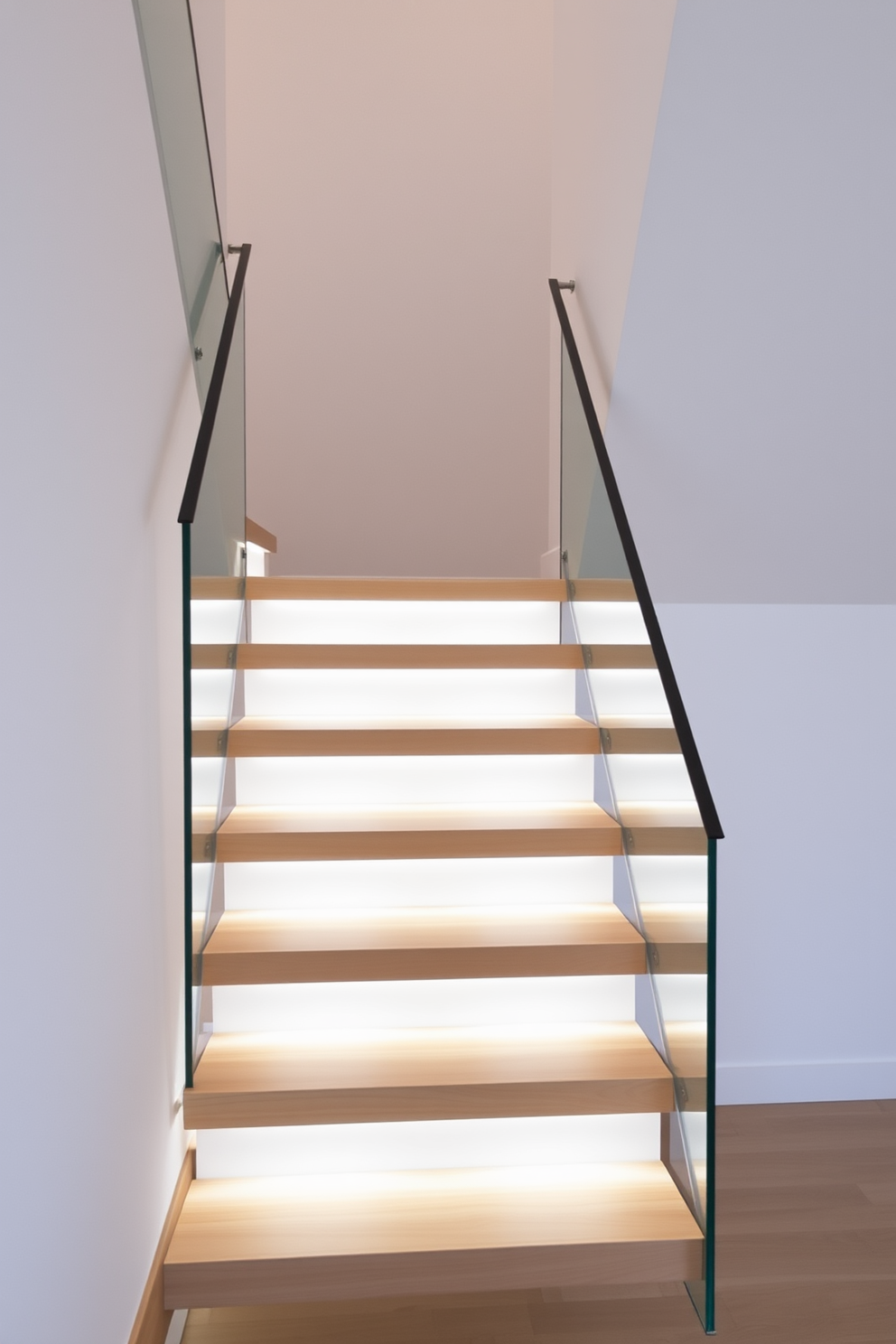 A minimalist staircase with sleek lines features a floating design that seamlessly integrates with the surrounding space. The handrail is made of clear glass, allowing light to flow freely and enhancing the airy feel of the interior. The steps are crafted from light-colored wood, creating a warm contrast against the white walls. Soft LED lighting is embedded underneath each step, providing a subtle glow that highlights the staircase's elegant form.