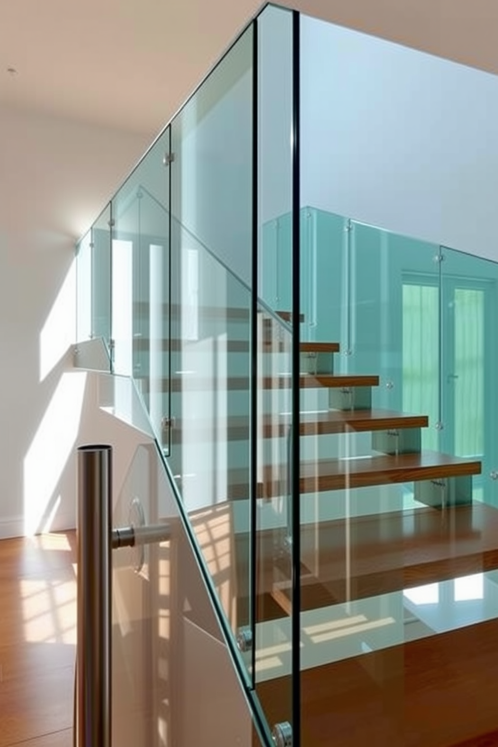 A striking glass staircase elegantly spirals upwards, featuring sleek metal railings that complement its modern aesthetic. The surrounding walls are adorned with minimalist artwork, enhancing the contemporary feel of the space. Natural light floods the area through large windows, creating a bright and inviting atmosphere. The staircase is illuminated by recessed lighting, casting a warm glow on the glass steps and emphasizing their transparency.