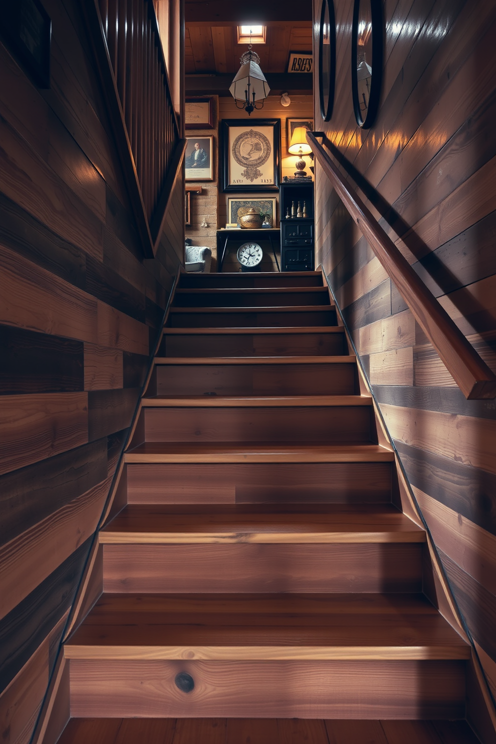 A rustic staircase made of reclaimed wood with visible knots and grains. The steps are wide and sturdy, leading up to a cozy landing adorned with vintage decor and warm lighting.