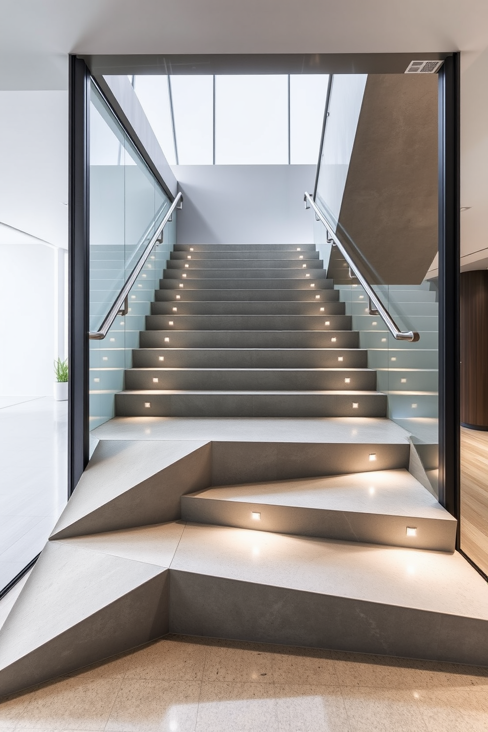 A striking staircase featuring a geometric patterned carpet that adds a modern touch. The stairs are framed by sleek wooden banisters, and the walls are painted in a soft neutral tone to enhance the design.