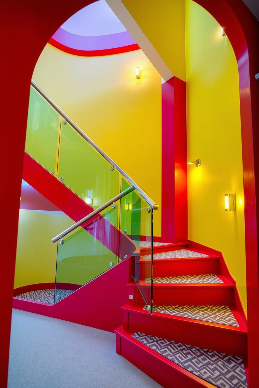 A bold colored staircase features a striking red finish that draws the eye as soon as you enter the space. The staircase is complemented by a sleek glass railing that enhances the modern aesthetic. The steps are adorned with a geometric patterned runner that adds texture and visual interest. Warm lighting fixtures are strategically placed to highlight the vibrant colors and create an inviting atmosphere.