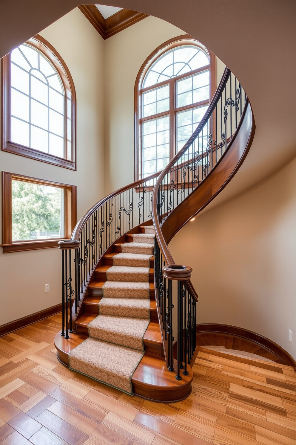 A stunning winding staircase with a dramatic curve gracefully ascends to the upper level. The staircase features a rich wooden railing and elegant wrought iron balusters that enhance its sophisticated appeal. The treads are made of polished oak, contrasting beautifully with the soft carpet runner that adds warmth and texture. Natural light floods the space from a large window above, illuminating the intricate details of the staircase design.