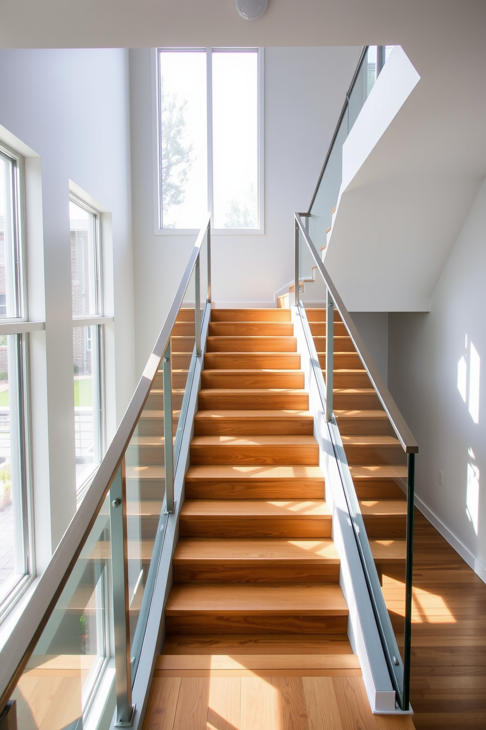 A contemporary staircase features sleek metal stringers that provide a striking contrast against the warm wooden treads. Natural light floods the space through large windows, highlighting the minimalist design and clean lines of the staircase. The railing is made of tempered glass, offering an unobstructed view of the surrounding area. The walls are painted in a soft gray, creating a harmonious backdrop that enhances the modern aesthetic of the staircase.