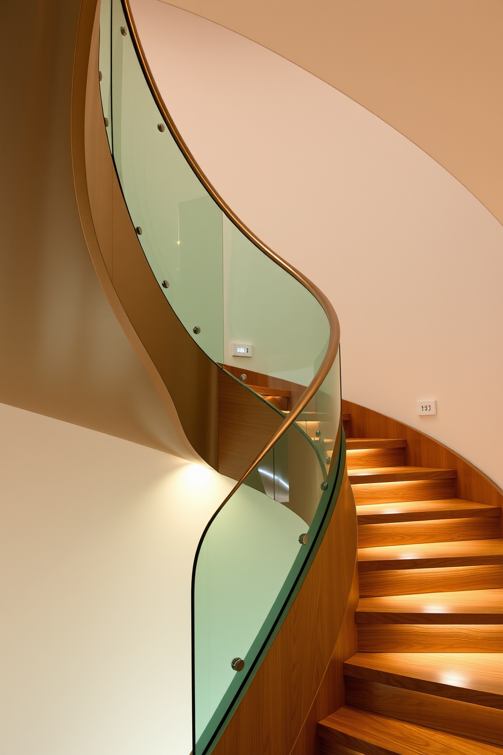 Artistic staircase with unique shapes. The staircase features a flowing design with asymmetrical steps made from a mix of wood and glass, creating a striking visual impact. The railing is crafted from brushed metal, adding a modern touch. Soft ambient lighting is integrated into the staircase, highlighting its artistic curves and inviting a sense of elegance.