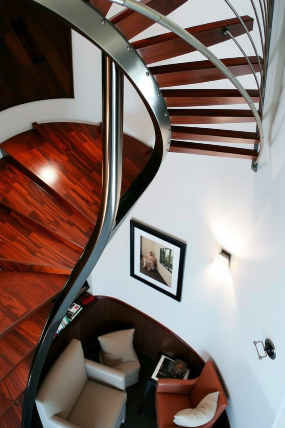 A stunning spiral staircase with sleek metal accents gracefully winds upward. The treads are made of rich hardwood, contrasting beautifully with the polished metal railing that adds a modern touch. Beneath the staircase, a cozy reading nook is created with plush seating and soft lighting. The walls are adorned with artwork that complements the overall aesthetic, making the space both functional and inviting.