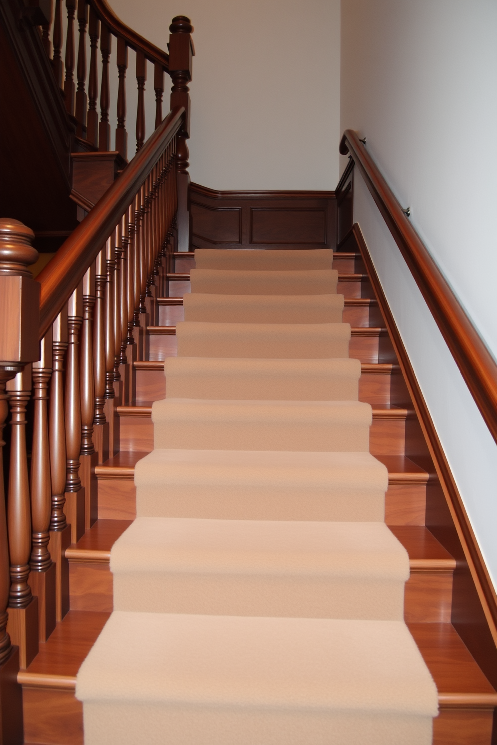 A classic staircase with a rich wood finish features elegant balusters and a polished handrail that enhances its grandeur. The steps are wide and inviting, adorned with a plush runner that adds warmth and texture to the space.