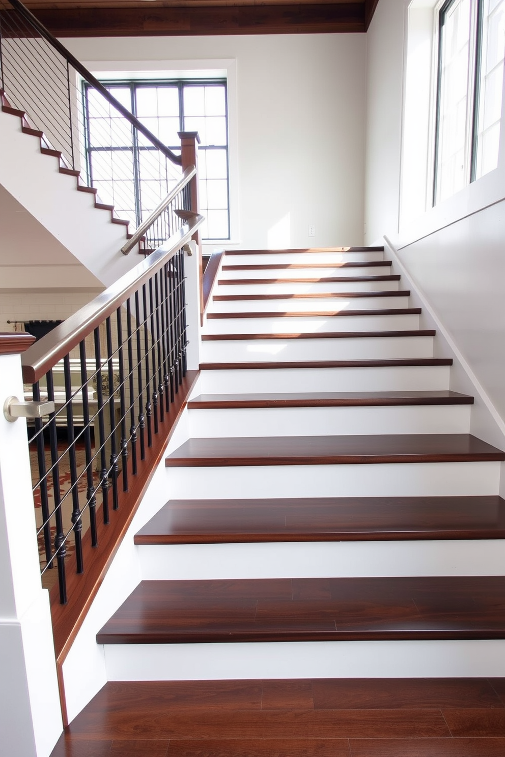 A stunning cantilevered staircase floats gracefully in a contemporary home. Crafted from sleek wood and glass, it features minimalist railings that enhance its modern aesthetic. The staircase is illuminated by soft LED lighting integrated into the steps. Below, a spacious entryway showcases a bold piece of art that complements the staircase design.