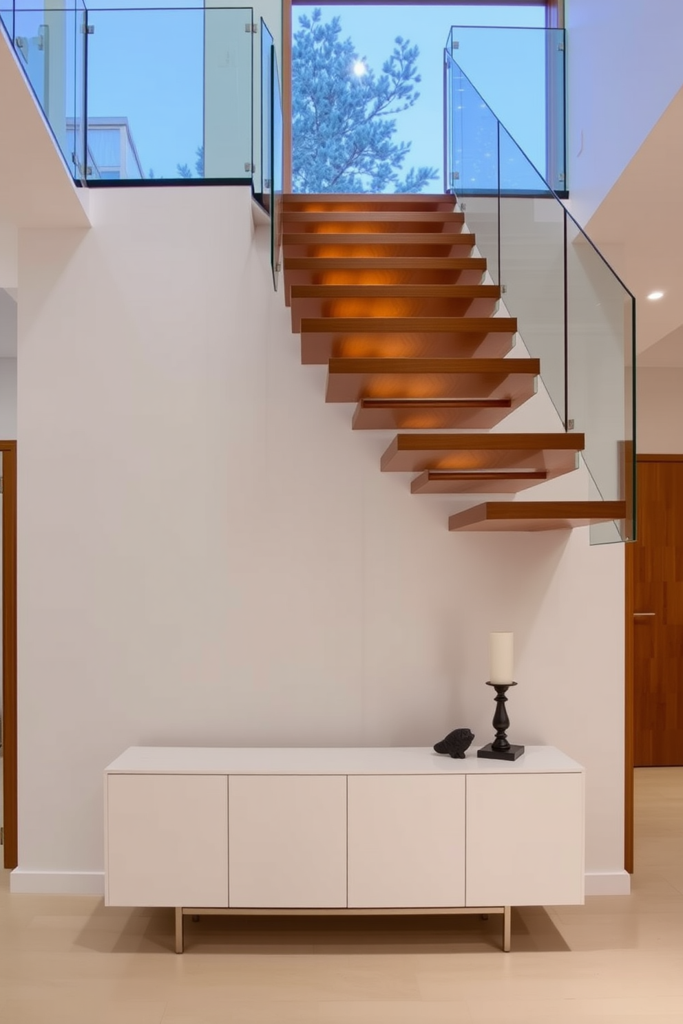 A floating staircase with hidden supports elegantly ascends through the space, showcasing a seamless design that appears to defy gravity. The treads are made of rich hardwood, providing warmth against the sleek glass railing that offers unobstructed views of the surroundings. The staircase is illuminated by recessed lighting that highlights its architectural beauty, creating a stunning focal point in the room. Below, a minimalist console table complements the design, adorned with a few carefully chosen decorative items that enhance the overall aesthetic.