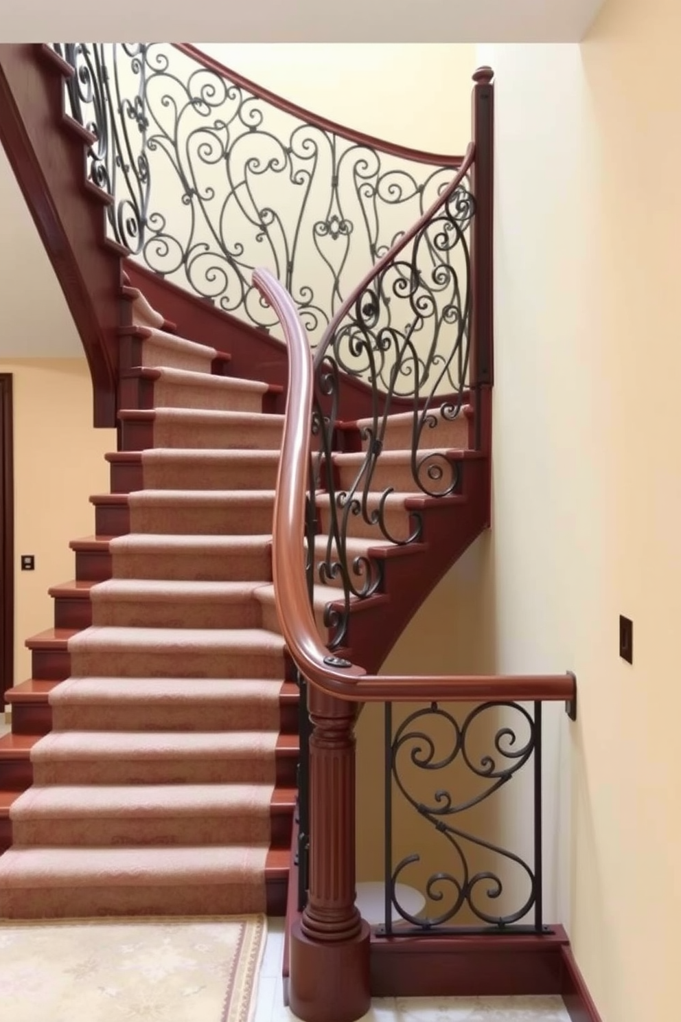 A vintage style staircase featuring intricate wrought iron railings that gracefully curve along the steps. The staircase is adorned with a rich wooden banister and a plush runner that adds warmth and elegance to the space.