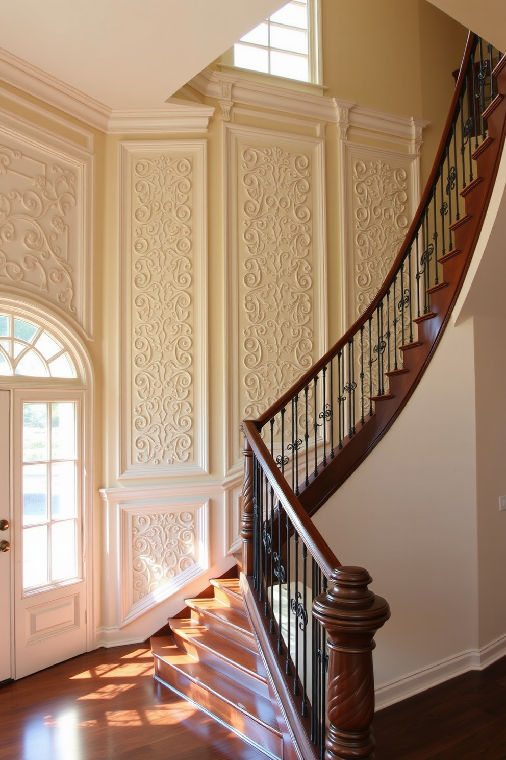 A grand staircase features intricate decorative wall panels that add depth and elegance to the space. The panels are painted in a soft cream color, enhancing the natural light that flows through the large windows beside the staircase. The staircase itself is made of rich mahogany wood, with a polished finish that reflects the surrounding decor. Elegant wrought iron balusters complement the wooden handrail, creating a harmonious blend of materials and style.