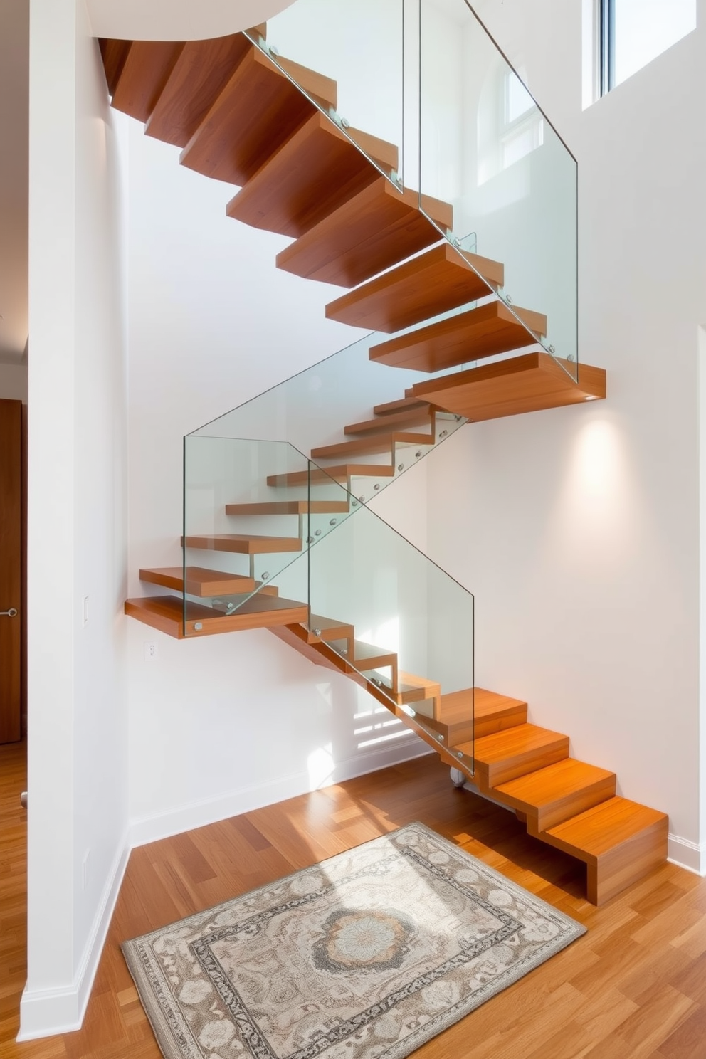 A cantilevered staircase with sleek wooden treads appears to float against a backdrop of white walls. The design features a minimalist glass railing that enhances the open feel, allowing natural light to flow through the space. The staircase is illuminated by recessed lighting, highlighting its elegant lines and modern aesthetic. Below, a stylish area rug adds warmth to the entryway, complementing the contemporary vibe of the home.