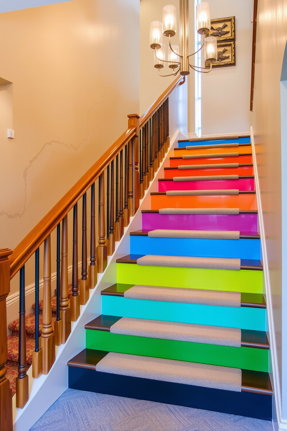 A stunning staircase featuring painted risers in vibrant colors that create a bold visual statement. The handrail is elegantly crafted from polished wood, complementing the neutral tones of the surrounding walls. The staircase is illuminated by a modern chandelier that casts a warm glow over the space. A plush runner carpet in a subtle pattern adds comfort and style to each step.