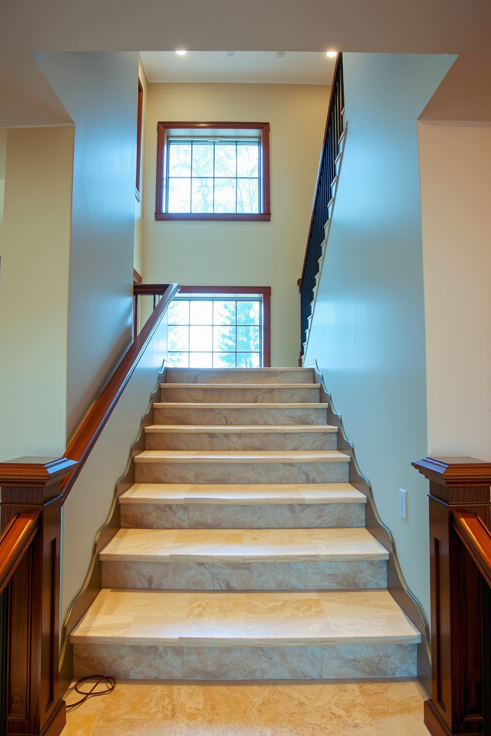 A stunning staircase featuring natural stone steps that seamlessly blend with the surrounding decor. The handrail is crafted from polished wood, adding warmth and elegance to the design. The staircase is illuminated by soft recessed lighting that highlights the texture of the stone. Large windows allow natural light to flood the space, creating an inviting atmosphere.