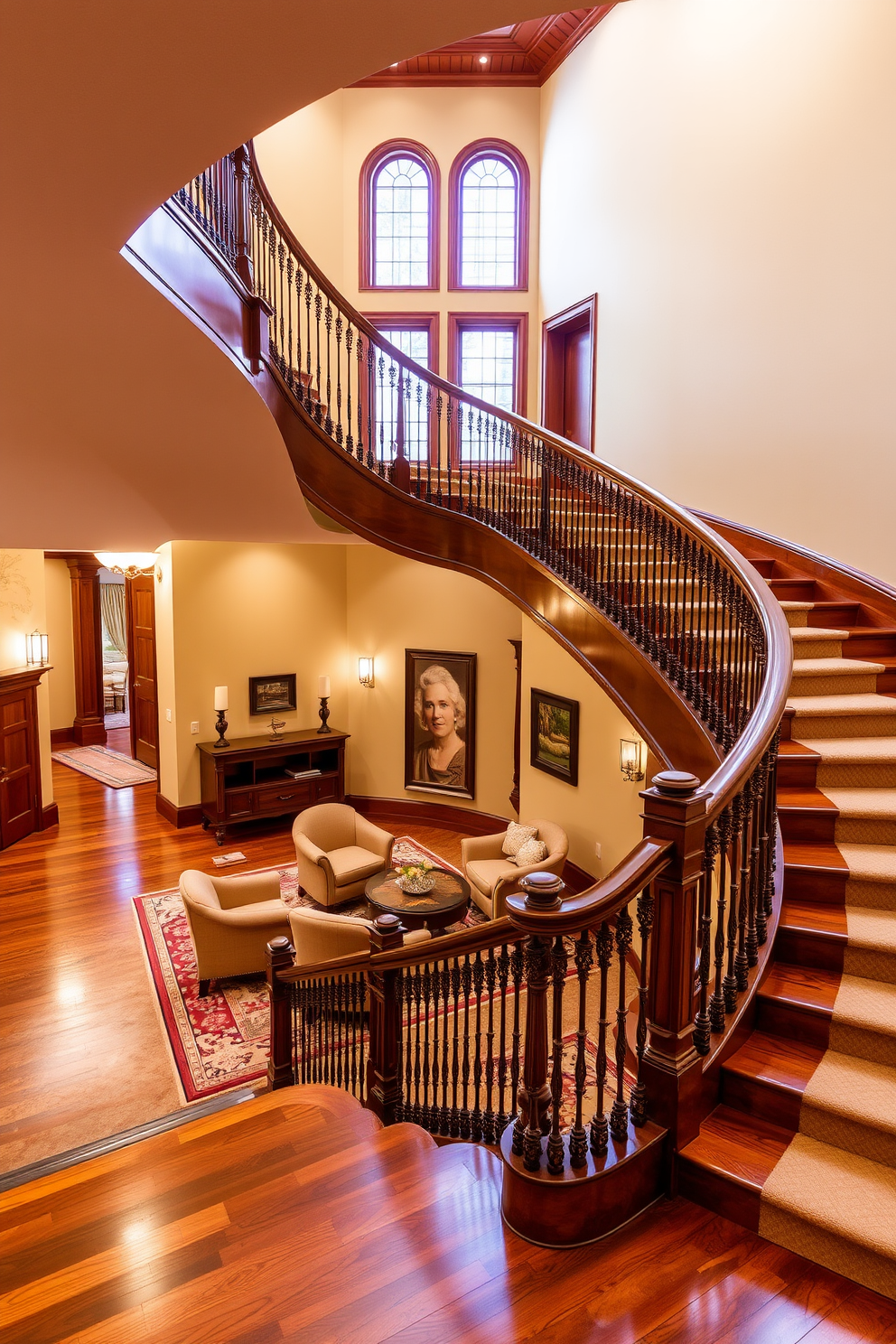 A grand staircase with a sweeping design leads to a spacious landing that features a cozy seating area. The landing is adorned with plush armchairs and a small coffee table, creating an inviting space for relaxation. The staircase itself is crafted from rich hardwood, showcasing intricate balustrades that add elegance. Soft lighting fixtures illuminate the area, enhancing the overall warmth and charm of the design.