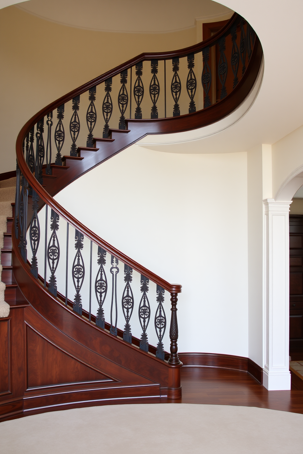 A grand curved staircase gracefully sweeps upwards, featuring intricately designed decorative balusters that add elegance to the space. The staircase is adorned with a rich hardwood finish, complemented by a plush runner that enhances its luxurious appeal.