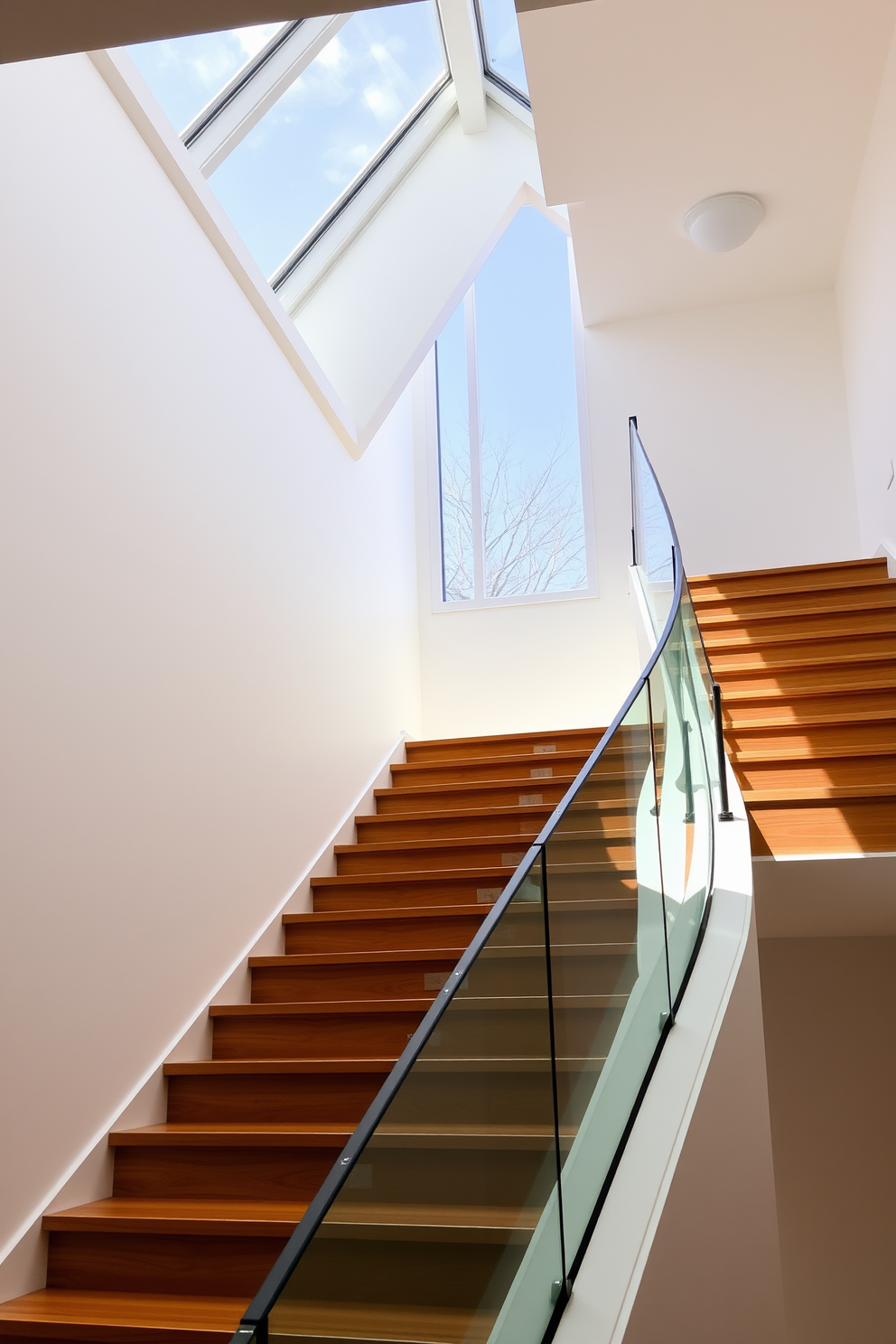 Brightly lit staircase with a skylight above. The staircase features elegant wooden steps with a sleek glass railing that allows natural light to flood the space.