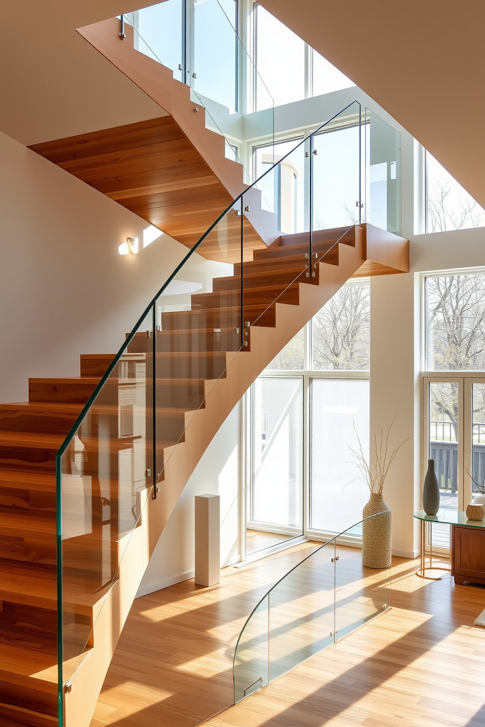 An open riser staircase with sleek wooden steps creates an airy and modern feel in the space. The staircase is illuminated by natural light streaming in from large windows, enhancing the open concept design. The railing is made of glass, providing a seamless view while ensuring safety. Surrounding the staircase are minimalist decor elements that emphasize the elegance of the design.