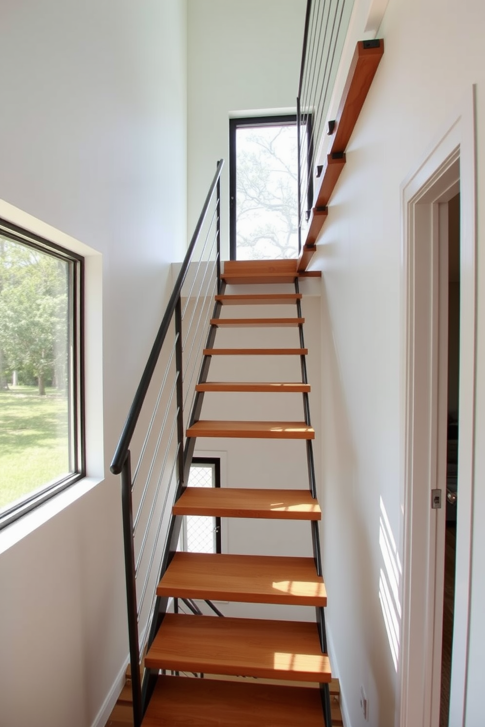 A ladder style staircase is designed to maximize space efficiency while adding a modern touch to compact interiors. The staircase features sleek wooden steps with metal railings that create an open and airy feel. Natural light floods the area through a large window beside the staircase, enhancing the warmth of the wood. The walls are painted in a soft white to complement the minimalist aesthetic of the design.