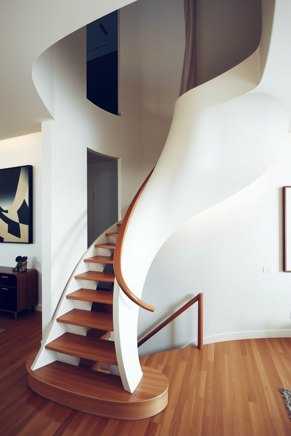 A sculptural staircase serves as a stunning focal point in a modern home. The staircase features flowing curves and a sleek wooden handrail, creating an artistic statement within the space. Surrounding the staircase, the walls are adorned with minimalist artwork that complements the design. Soft, ambient lighting highlights the staircase's unique shape, enhancing its visual appeal.