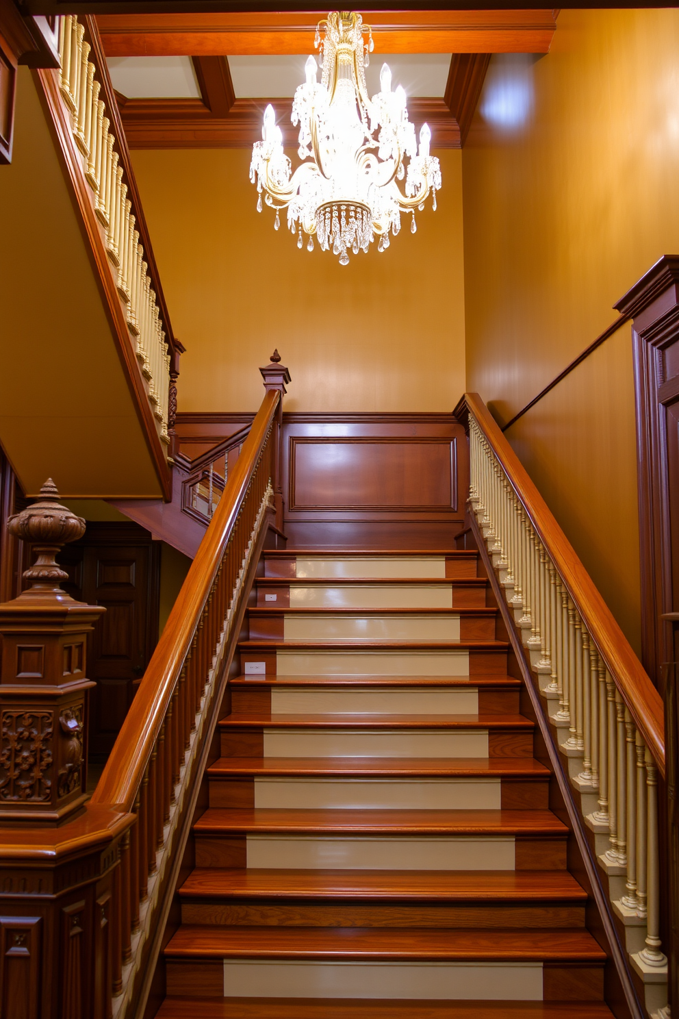 A traditional wooden staircase with ornate details showcases intricate carvings and a polished banister. The steps are crafted from rich mahogany, and the risers are painted in a soft white to enhance the elegance of the design. The staircase is illuminated by a grand chandelier hanging from the ceiling above. Surrounding the staircase, the walls are adorned with classic wainscoting and a warm color palette that complements the wood tones.