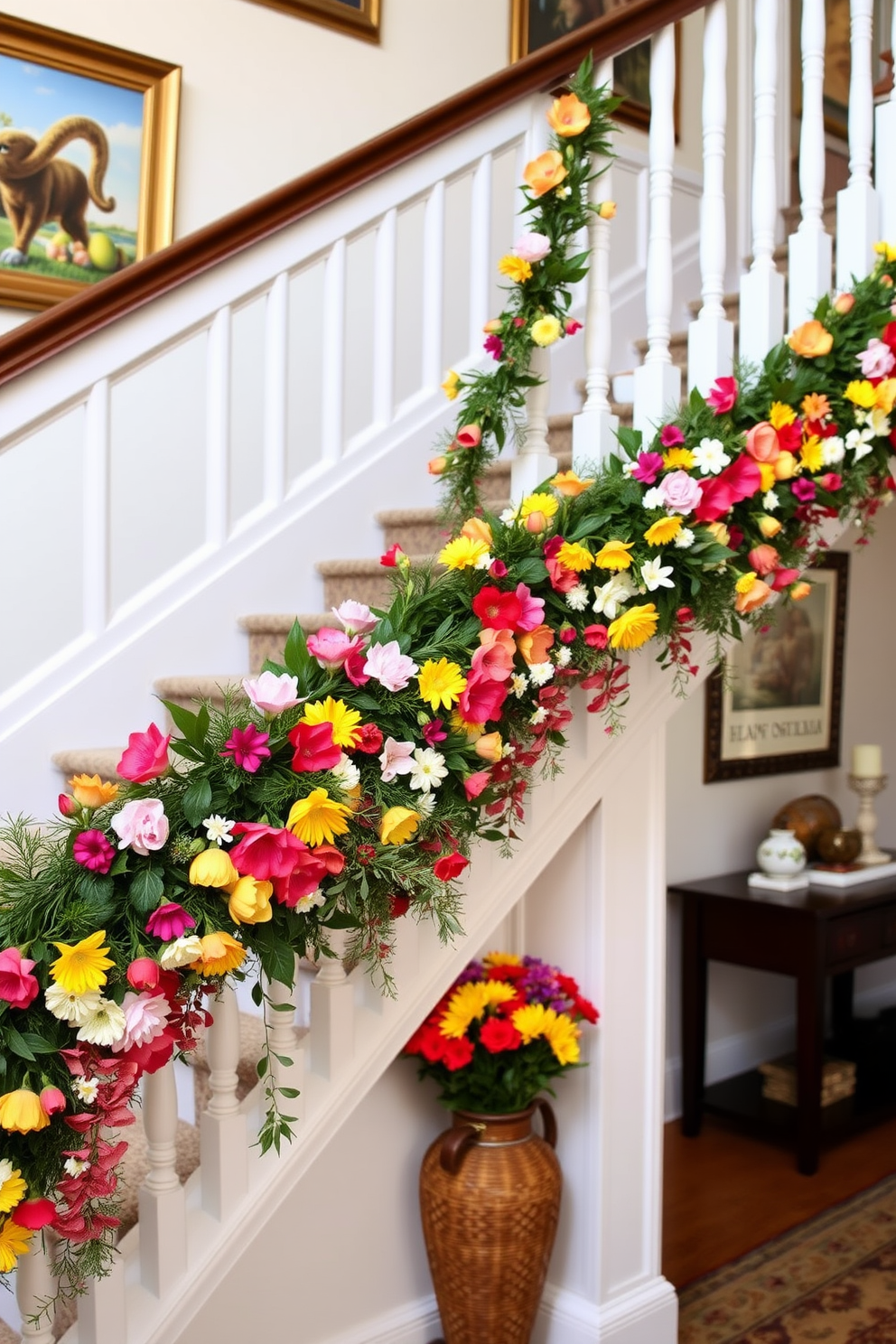 A charming staircase adorned with vibrant floral garlands draped gracefully along the banister. The garlands feature an array of colorful blossoms, enhancing the festive atmosphere for Easter celebrations.