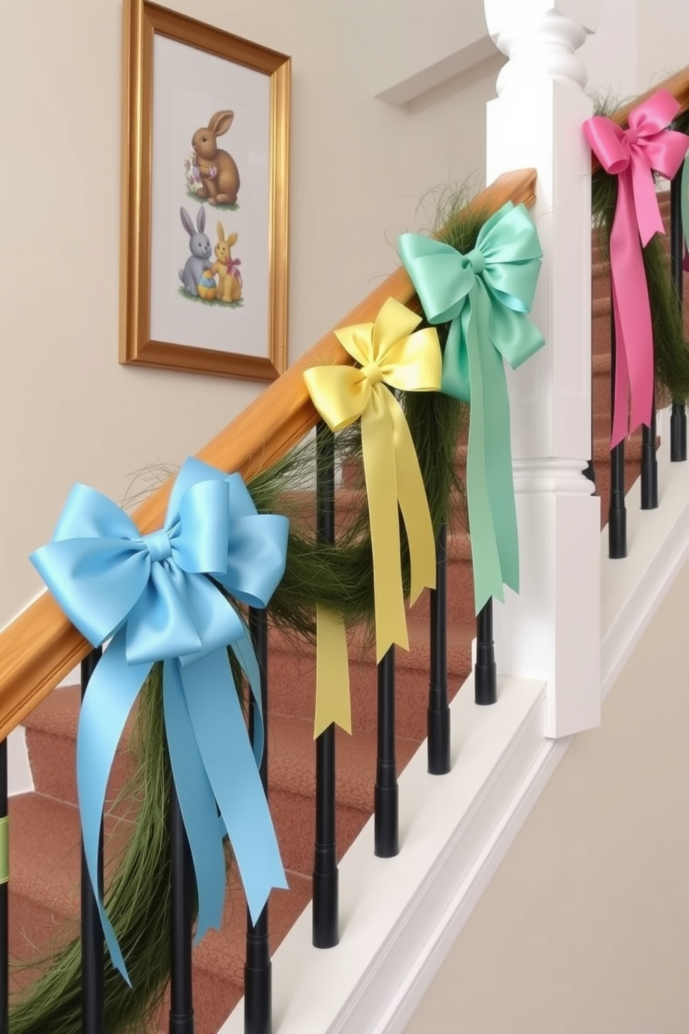 Create a charming staircase adorned with ribbon bows tied to the railings. The bows are in pastel colors, adding a festive touch to the elegant wooden staircase, with soft lighting illuminating the space. Incorporate Easter decorations along the staircase, featuring decorative eggs and spring flowers nestled among the bows. The overall design evokes a warm and inviting atmosphere, perfect for celebrating the season.