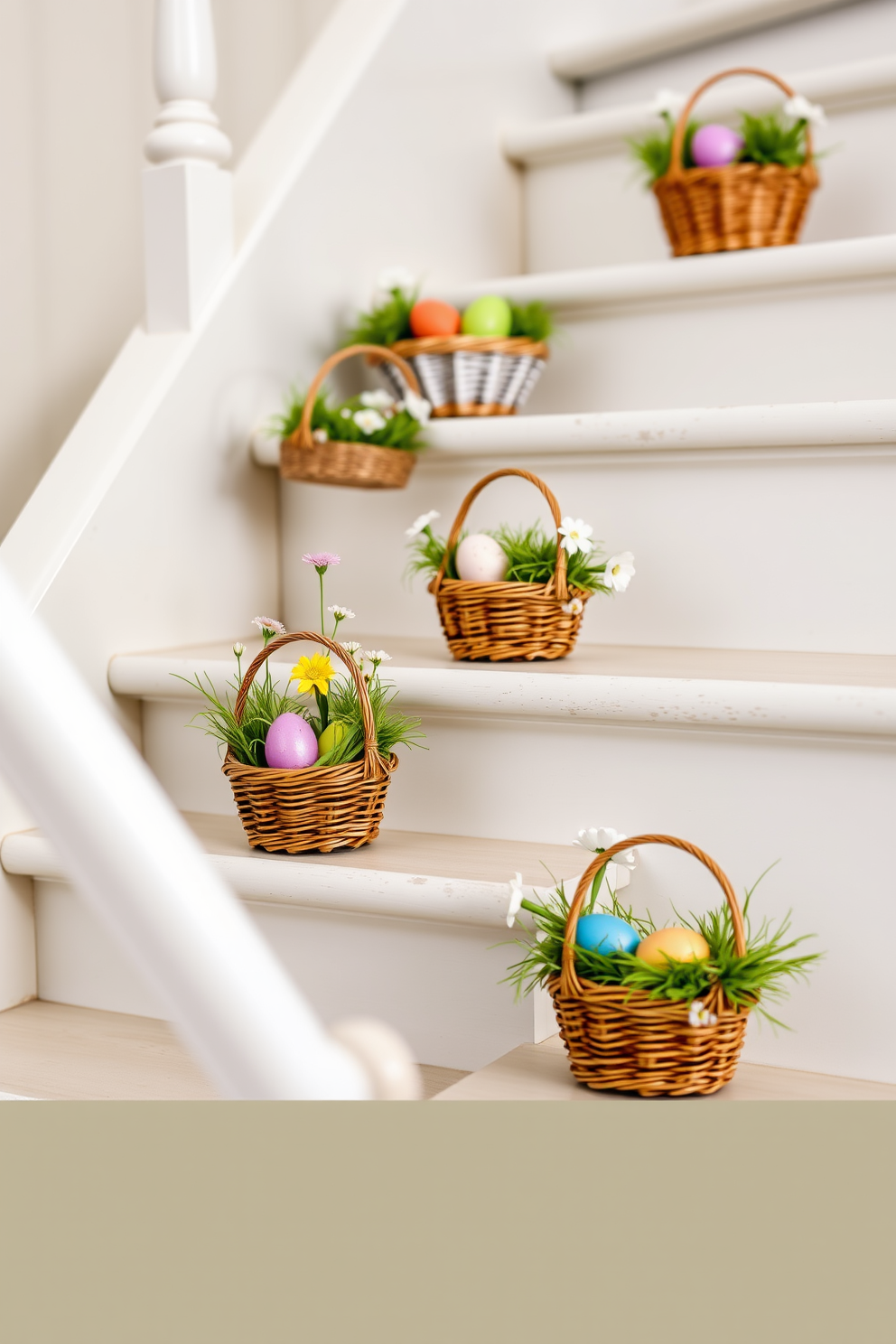 Miniature Easter baskets are placed on each step of the staircase, adding a whimsical touch to the festive decor. Each basket is filled with colorful eggs and delicate spring flowers, creating a cheerful and inviting atmosphere.