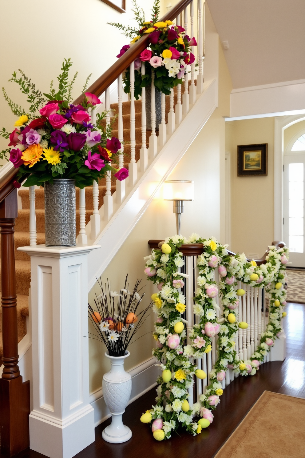 A charming staircase adorned with miniature Easter baskets placed on each step. Each basket is filled with colorful eggs and spring flowers, creating a festive and inviting atmosphere.