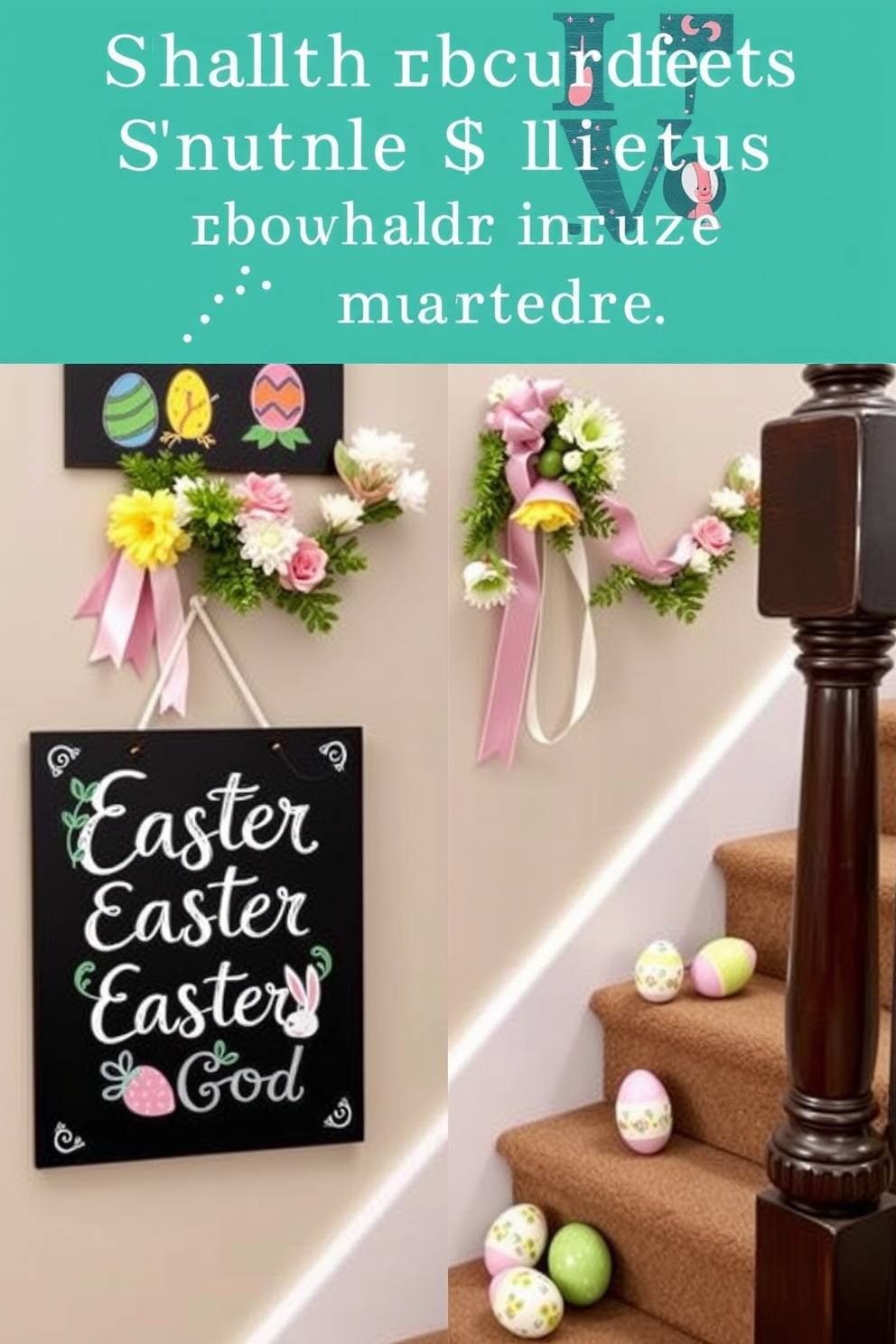 Charming wooden signs with Easter quotes are displayed along a sunlit hallway. Each sign features a different pastel color and whimsical typography, creating a cheerful and inviting atmosphere. Staircase Easter decorating ideas include garlands of faux flowers and colorful eggs draped along the banister. Soft, twinkling fairy lights illuminate the steps, enhancing the festive ambiance.