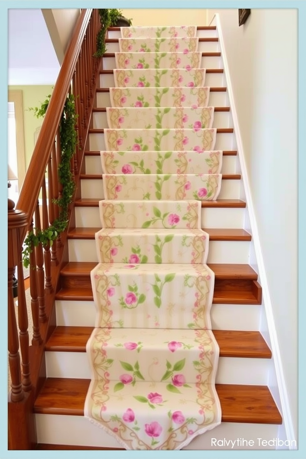 A charming staircase adorned with Easter-themed table runners cascading down each step. The runners are decorated with pastel colors and floral patterns, creating a festive and inviting atmosphere.