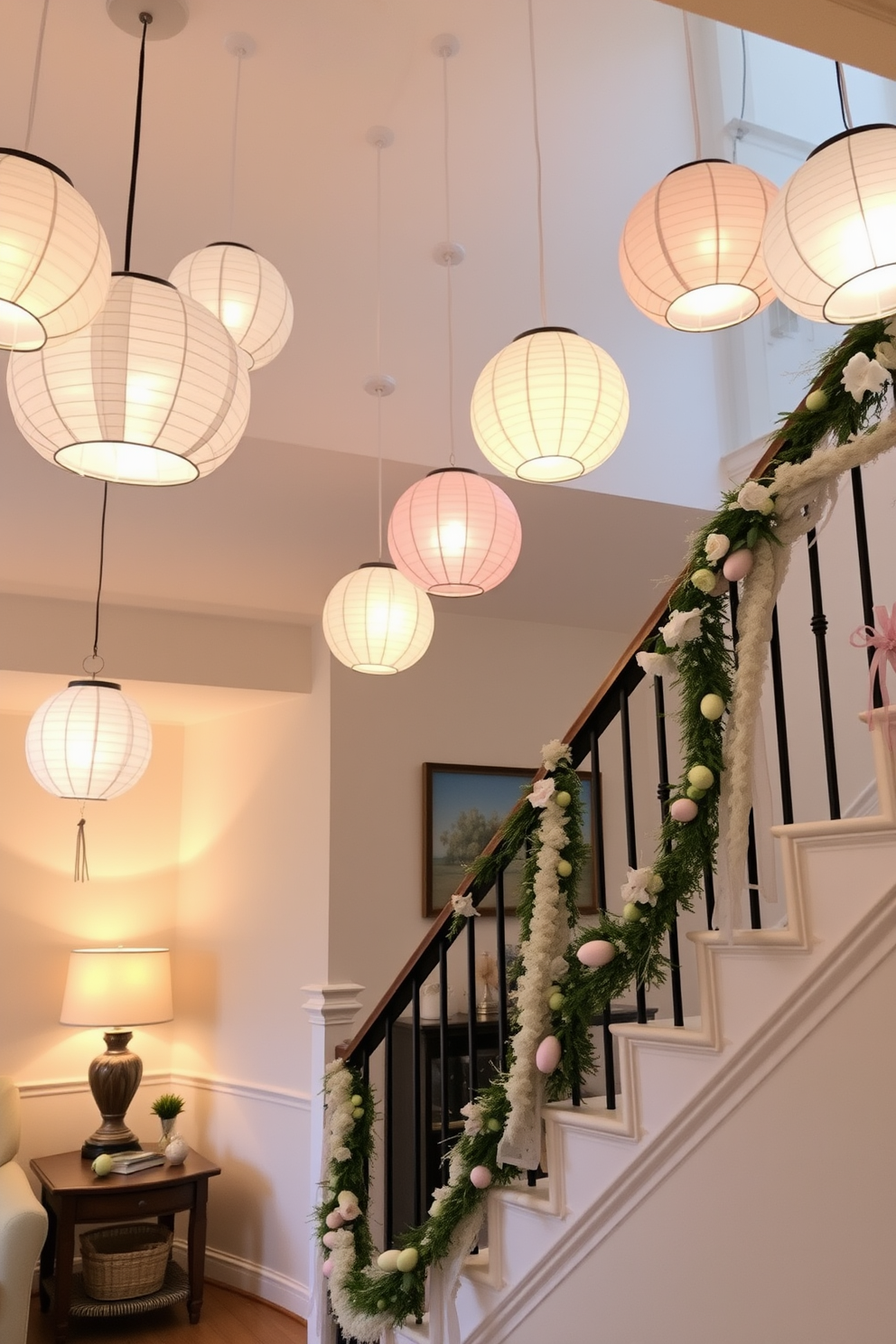 A serene living space adorned with hanging paper lanterns that cast a warm glow throughout the room. The lanterns are suspended at varying heights, creating an inviting atmosphere that enhances the overall decor. An elegant staircase decorated for Easter with pastel-colored garlands draped along the banister. Each step features small floral arrangements and colorful eggs, adding a festive touch to the home.