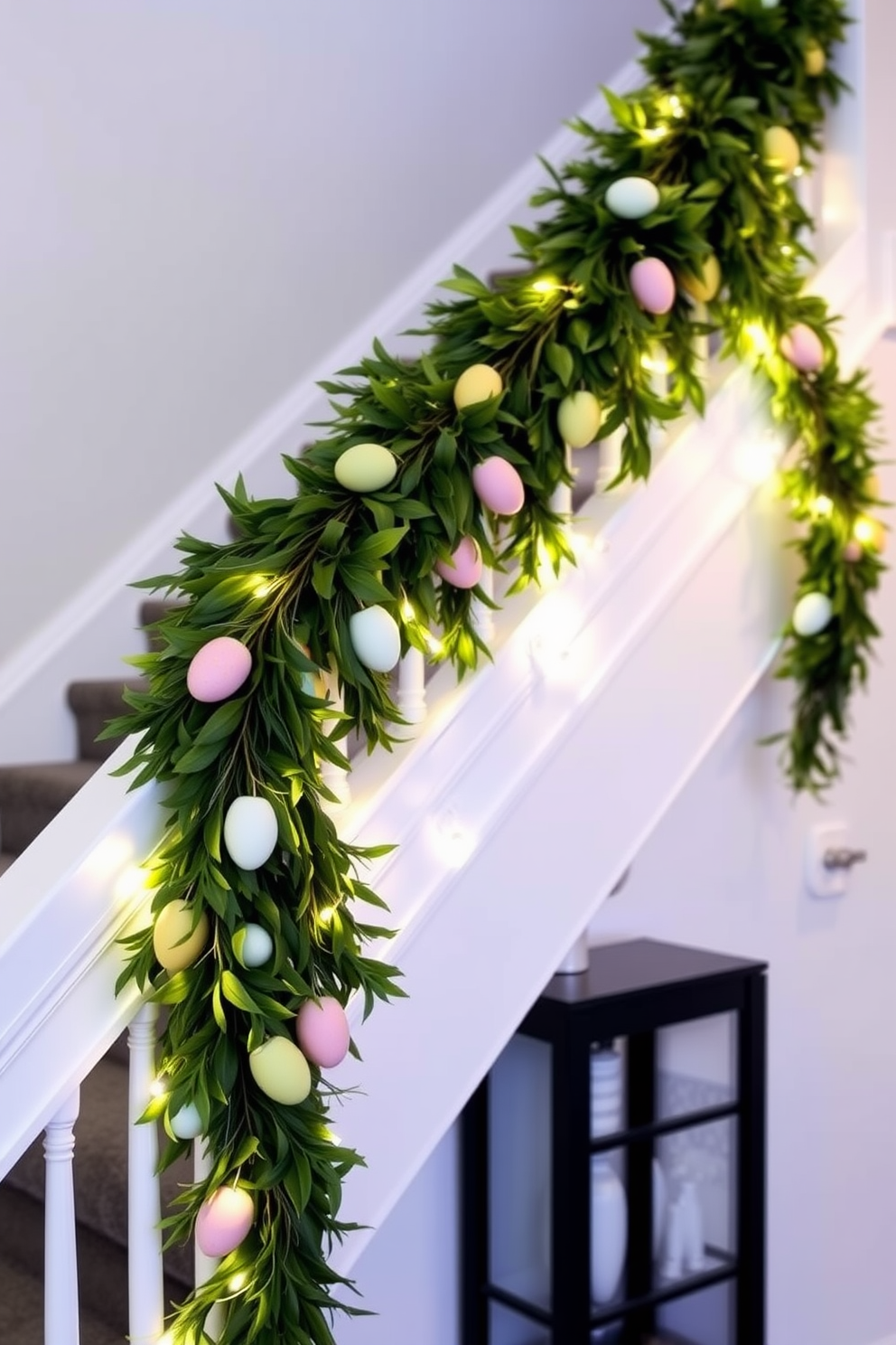 A whimsical garland of felt bunnies drapes gracefully along the staircase railing. Each bunny features playful colors and charming expressions, creating a festive atmosphere perfect for Easter celebrations.