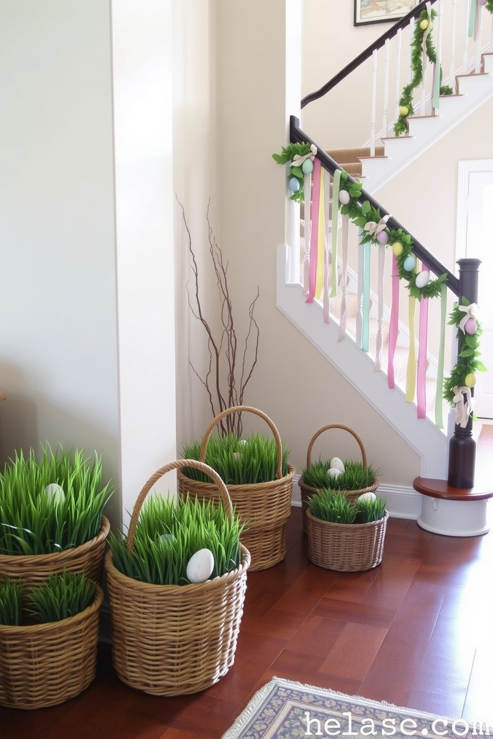 A cozy living space featuring decorative baskets filled with faux grass arranged in various corners. The baskets are woven in natural tones, adding texture and warmth to the room. An elegant staircase adorned with festive Easter decorations. Colorful eggs and pastel ribbons are draped along the railing, creating a cheerful atmosphere.