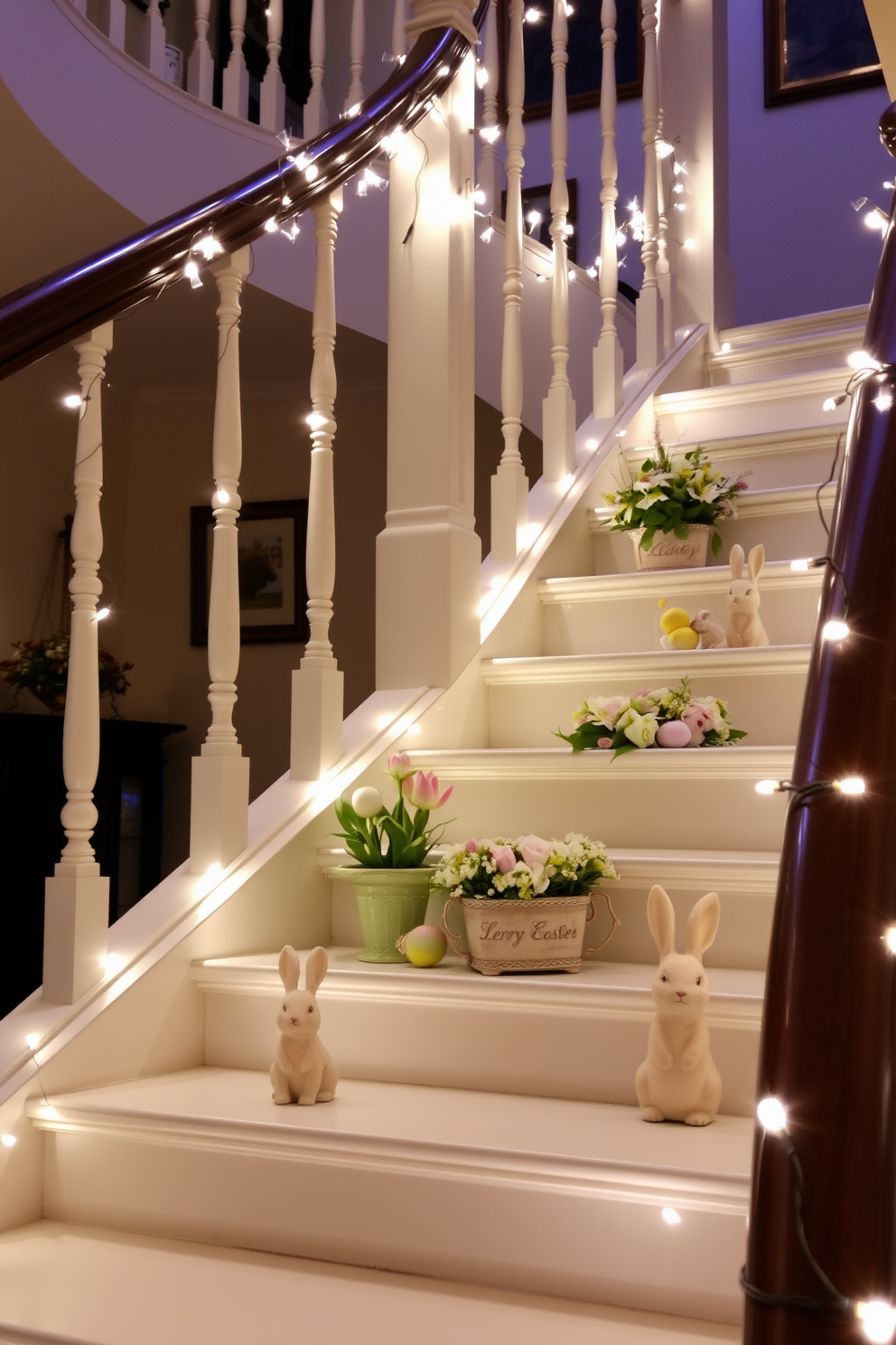 A charming staircase adorned with string lights wrapped around the railing creates a warm and inviting atmosphere. The soft glow of the lights highlights the elegant curves of the staircase, enhancing its architectural beauty. For Easter, the staircase is decorated with pastel-colored eggs and floral arrangements. Delicate bunny figurines are placed on the steps, adding a playful touch to the festive decor.