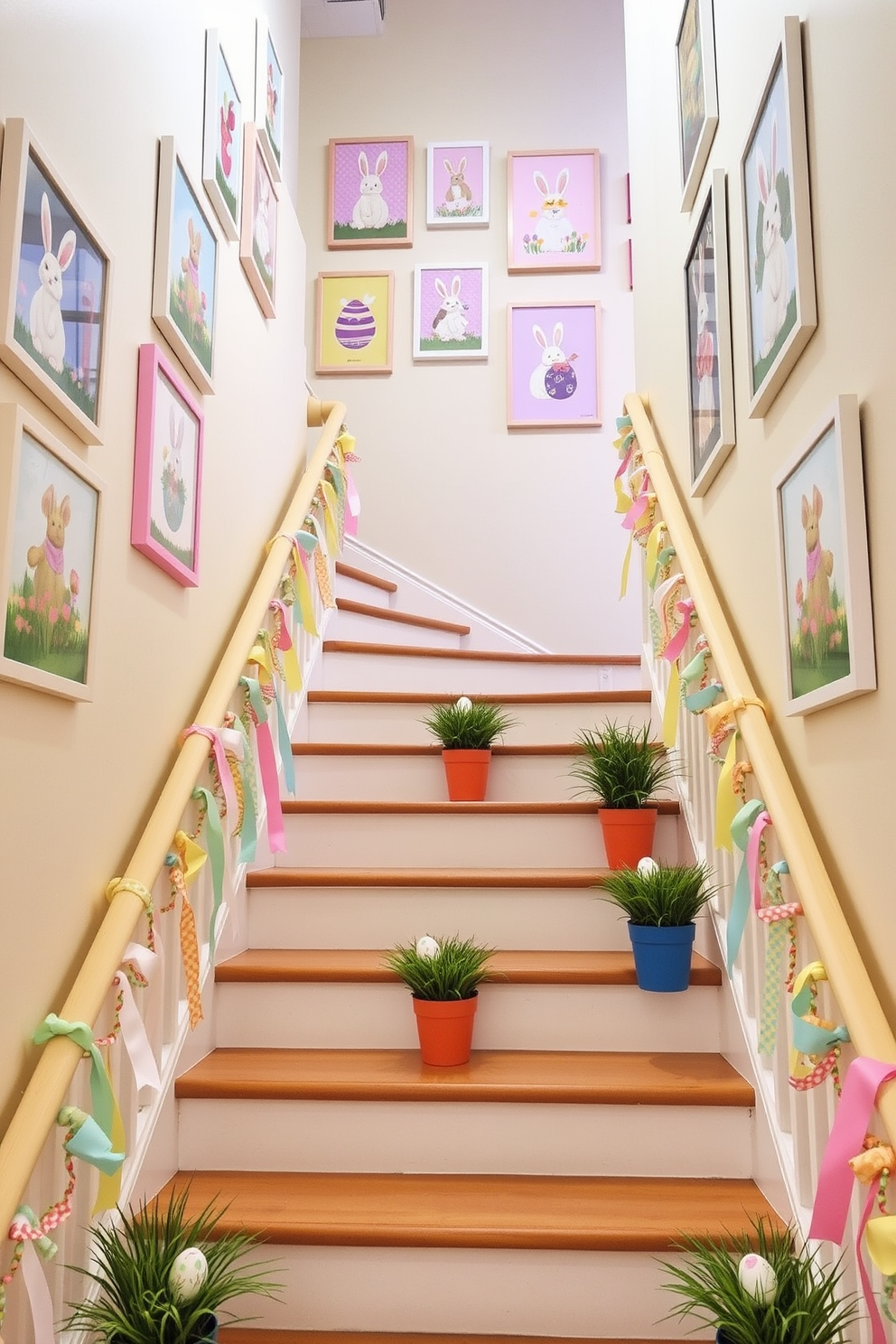 A bright and cheerful staircase adorned with Easter-themed wall art. Colorful prints featuring bunnies, eggs, and spring flowers are framed and arranged in a playful gallery style along the walls. The staircase is decorated with pastel-colored garlands and ribbons. Small decorative Easter eggs are nestled in potted plants placed on each step, creating a festive and inviting atmosphere.