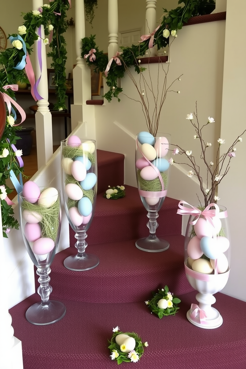 A charming display of pastel colored eggs nestled in elegant glass vases creates a whimsical Easter atmosphere. The vases vary in height and shape, showcasing a soft palette of pinks, blues, and yellows that enhance the festive spirit. The staircase is adorned with delicate garlands of greenery intertwined with colorful ribbons. Each step features a small arrangement of flowers and eggs, inviting guests to enjoy the cheerful decor as they ascend.