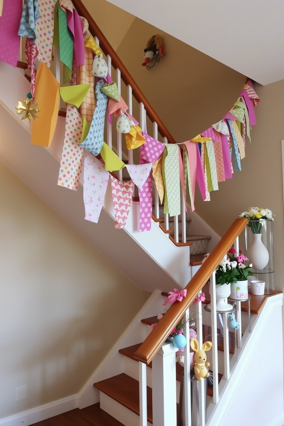 A charming staircase adorned with pastel colored tulle elegantly wrapped around the railings. Soft hues of pink, blue, and lavender create a whimsical atmosphere perfect for Easter celebrations.