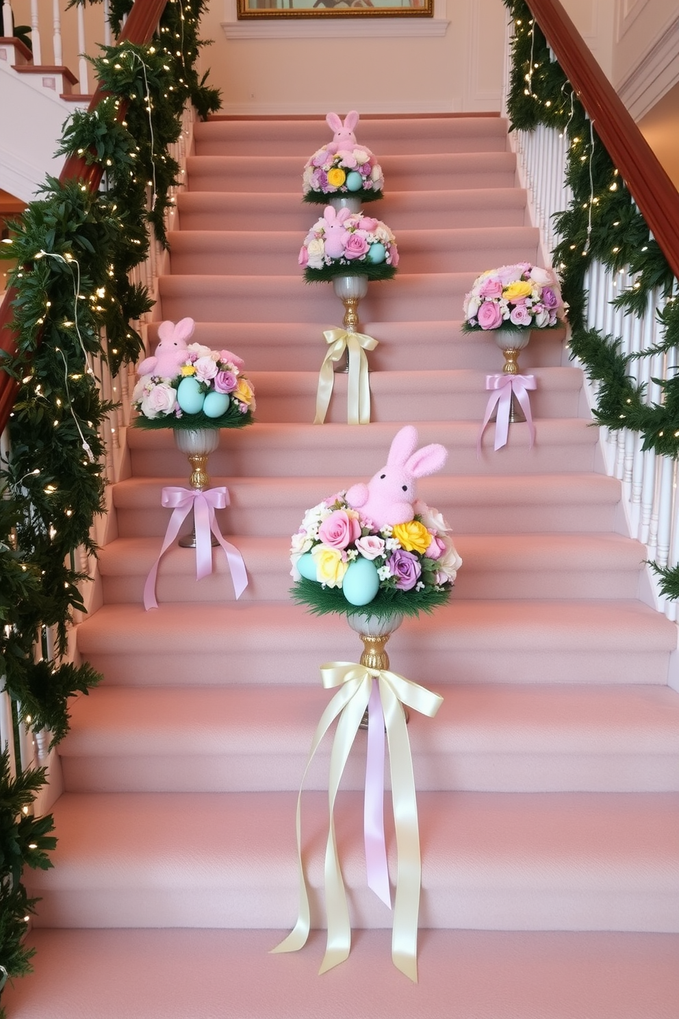 Easter-themed centerpieces adorn the landings of a grand staircase. Each centerpiece features vibrant floral arrangements in pastel colors, complemented by decorative eggs and soft, fluffy bunnies. The staircase itself is elegantly draped with garlands of greenery and twinkling fairy lights. Delicate ribbons in soft hues cascade down the banister, adding a festive touch to the overall decor.