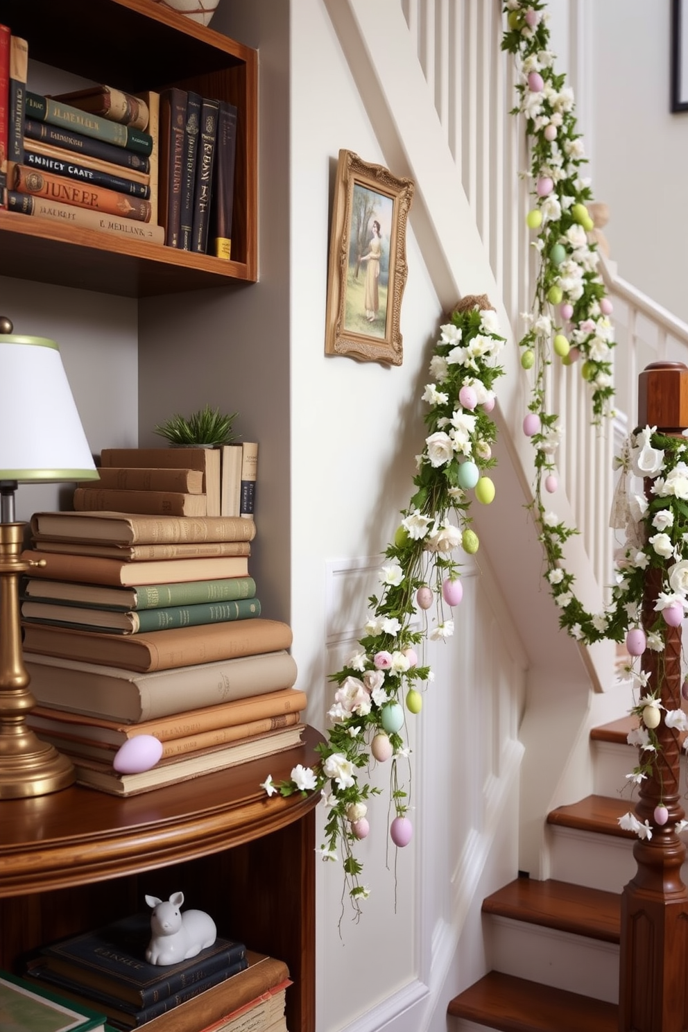 A cozy reading nook featuring vintage books stacked neatly on a wooden shelf. Decor accents like a brass lamp and a small potted plant add warmth and character to the space. An elegant staircase adorned with pastel Easter decorations. Delicate garlands of flowers and colorful eggs create a festive atmosphere along the railing.