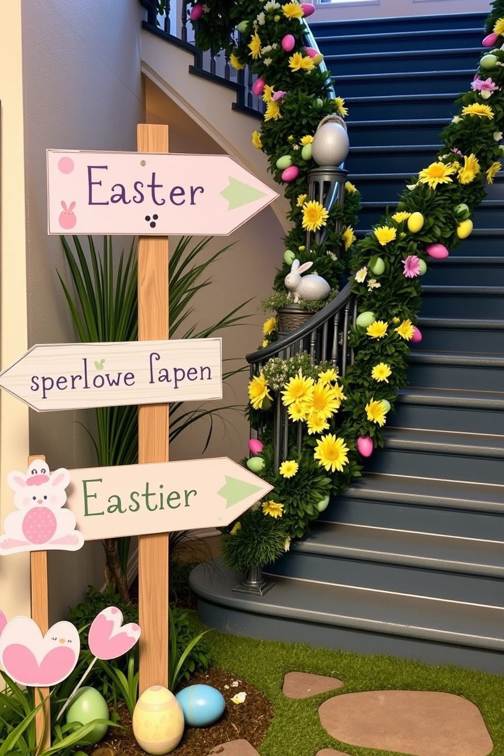 Lively spring prints adorn the stair risers, featuring vibrant florals and cheerful colors that bring a sense of joy to the space. The staircase is elegantly decorated for Easter, with pastel-colored eggs nestled among greenery and delicate garlands draped along the railing.