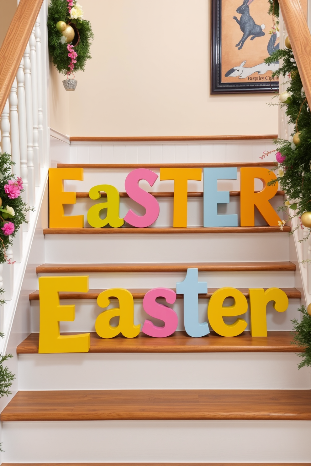 A collection of glass terrariums filled with vibrant spring flowers is displayed on a rustic wooden table. Each terrarium features a variety of blooms such as tulips and daisies, creating a cheerful and refreshing atmosphere. The staircase is adorned with elegant Easter decorations, including pastel-colored garlands and decorative eggs. Soft lighting highlights the festive decor, creating a warm and inviting entryway.