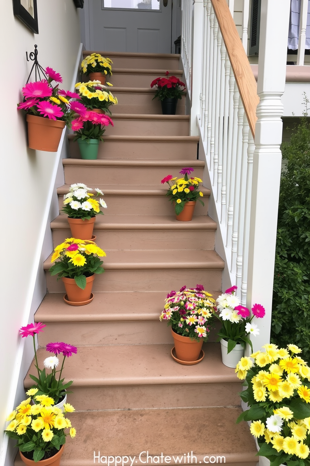 A charming staircase adorned with potted spring flowers on each step creates a vibrant and inviting atmosphere. The colorful blooms in various shades of pink, yellow, and white add a festive touch, perfect for Easter celebrations.