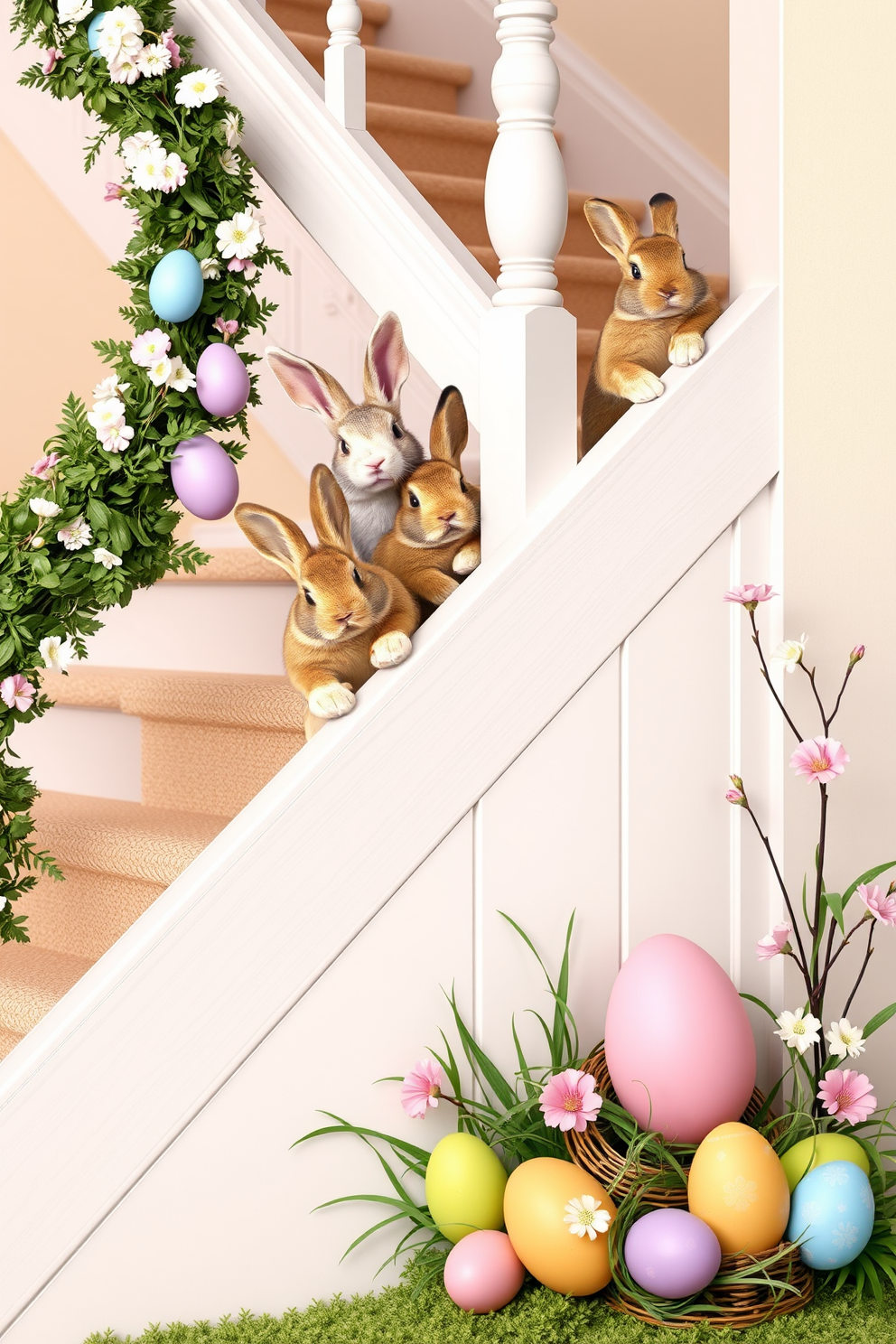 Easter themed fabric banners drape elegantly down the staircase creating a festive atmosphere. The banners are adorned with pastel colors and playful patterns featuring bunnies, eggs, and spring flowers.