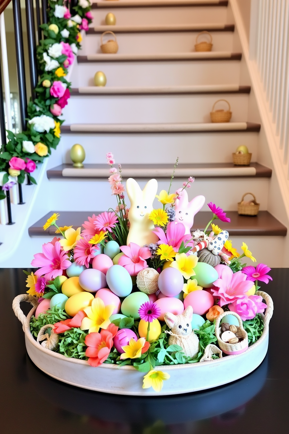 A beautifully arranged decorative tray holds an assortment of colorful Easter treats, including chocolate bunnies, pastel eggs, and vibrant jellybeans. The tray is placed on a rustic wooden table, surrounded by fresh spring flowers in soft hues. The staircase is adorned with cheerful Easter decorations, featuring garlands of pastel-colored eggs and hanging bunny ornaments. Each step is accented with small potted plants and candles to create a warm and inviting atmosphere.