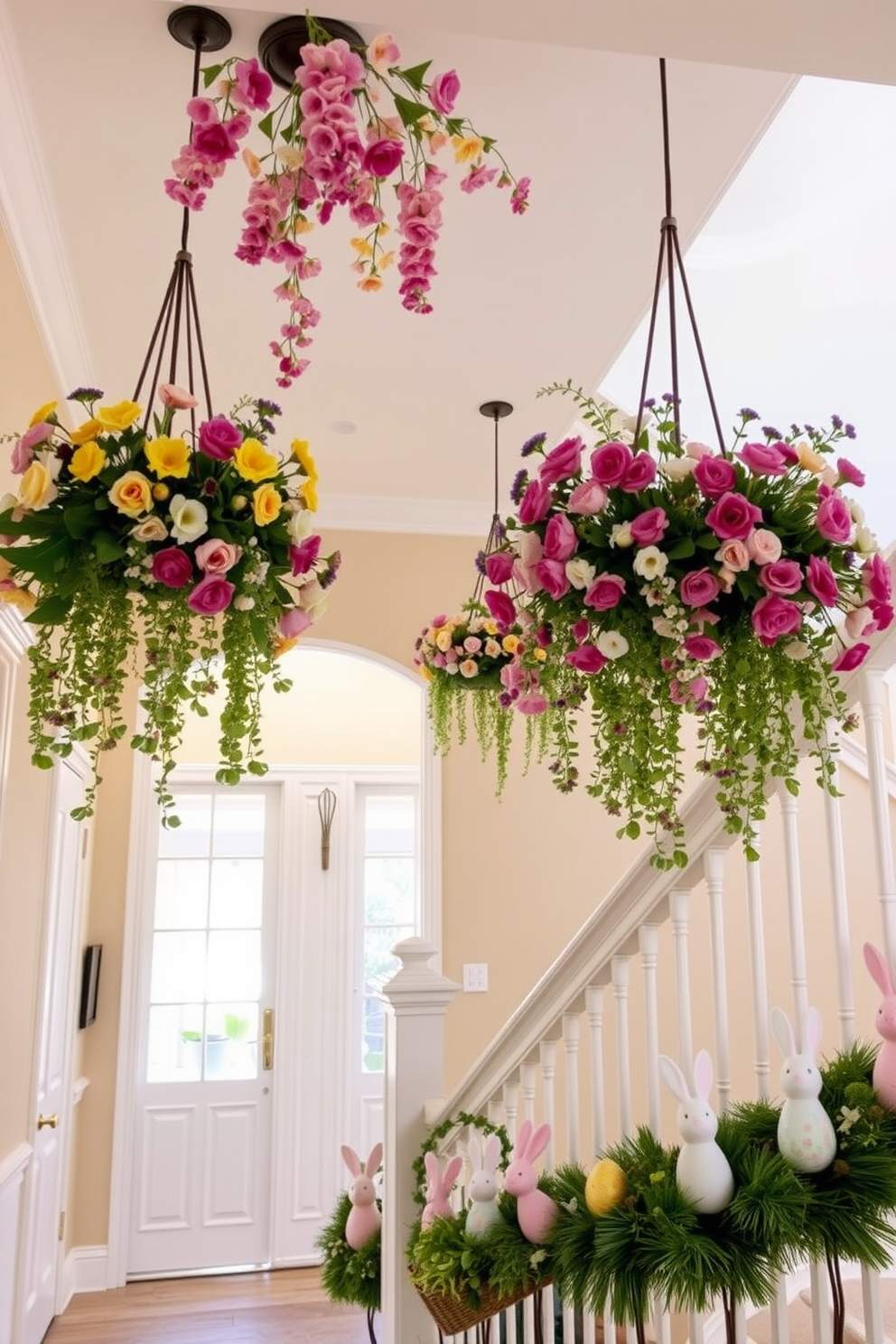 A charming entryway adorned with hanging floral arrangements from the ceiling. Vibrant blooms in varying colors cascade down, creating a whimsical and inviting atmosphere. A grand staircase embellished with seasonal Easter decorations. Delicate pastel-colored eggs and playful bunnies are artfully arranged along the railing, enhancing the festive spirit.