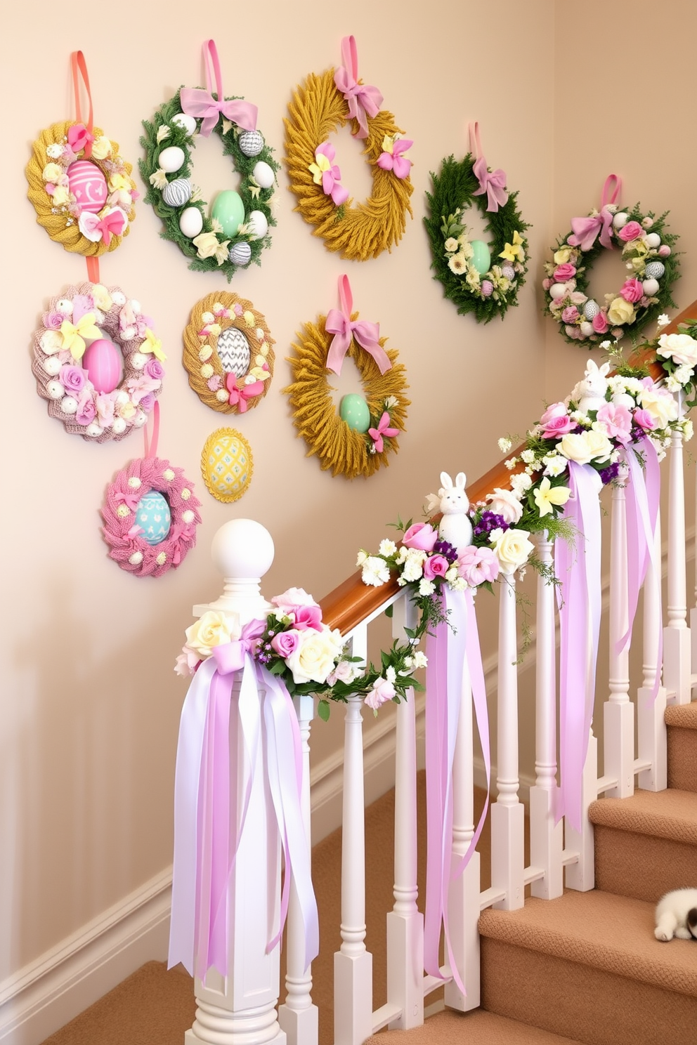 A vibrant display of colorful egg wreaths adorns the wall, showcasing a variety of pastel hues and intricate patterns. The wreaths are arranged in a playful manner, bringing a festive and cheerful atmosphere to the space. The staircase is elegantly decorated for Easter, with garlands of fresh flowers intertwined along the railing. Soft pastel ribbons cascade down, adding a touch of whimsy and charm to the overall design.